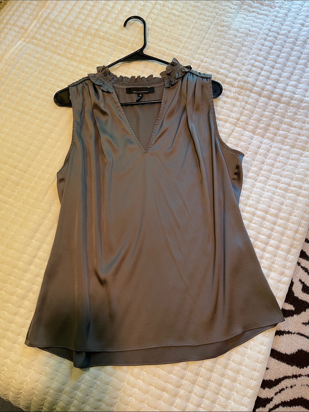 White House Black Market Sleeveless Ruffle Collar V-Neck Top - Gray